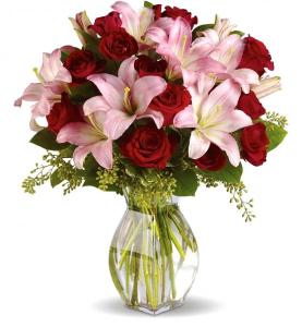 Anniversary bouquet with red roses and asiatic lilies
